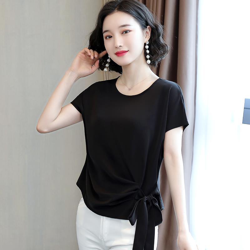 

WTEMPO атласная блузка, женские повседневные топы с короткими рукавами, рубашки, летняя женская тонкая футболка с бантом и короткими рукавами XL чёрный