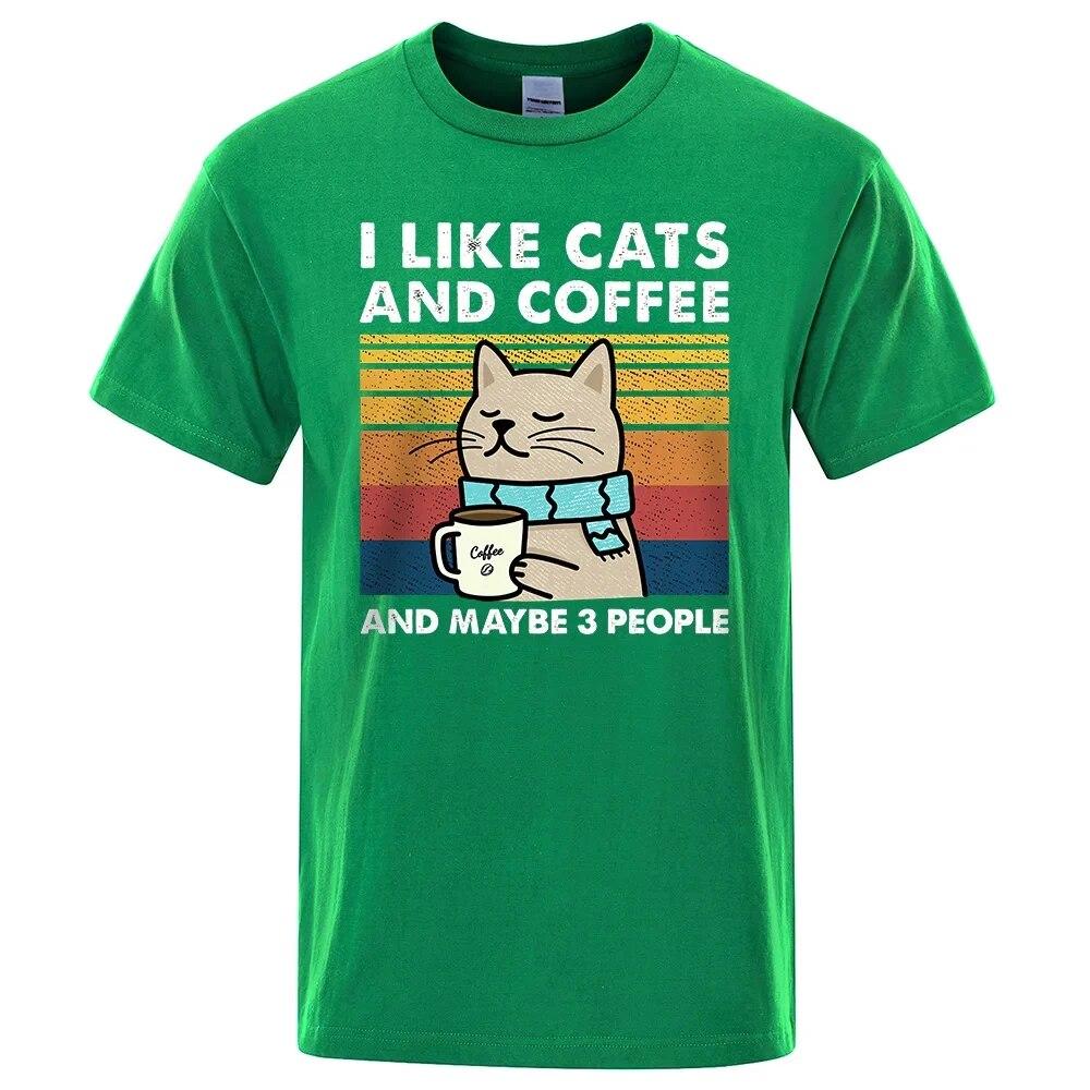 Summer 100% Cotton T-Shirts I Like Cats And Coffee Street Funny  Print T Shirts Street Unisex Women T Shirts Hip Hop Breathable Tee