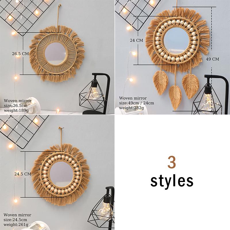 Ins Nordic Round Wall Mirrors Boho Macrame Decorative Hanging Mirror Living Room Bedroom Home Decoration Handmade Tapestry Gift