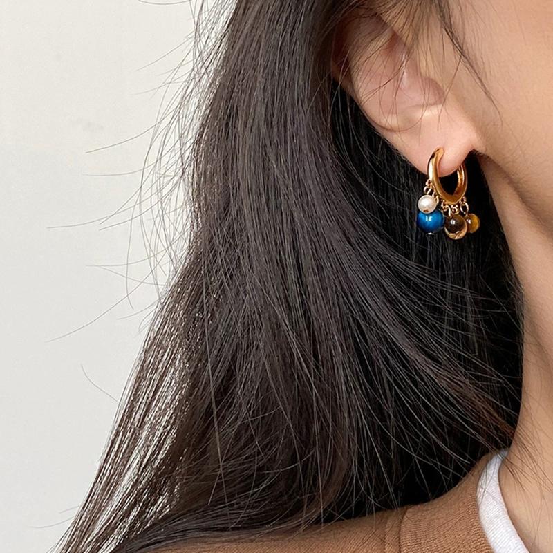 Mallard Color Block Beaded Hoop Earrings Women Brown Stone Pearl Retro Luxury Elegant Design Ear Accessories Commute Daily Gift