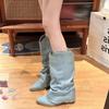 Fashion Denim Women Western Cowboy Boots Fashion Platform Height Increase Ankle Booties Autumn Winter Shoes Zapatos De Mujer