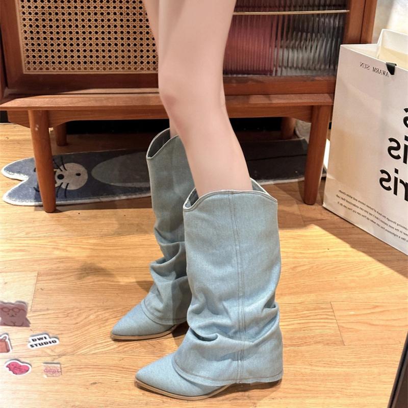 Fashion Denim Women Western Cowboy Boots Fashion Platform Height Increase Ankle Booties Autumn Winter Shoes Zapatos De Mujer