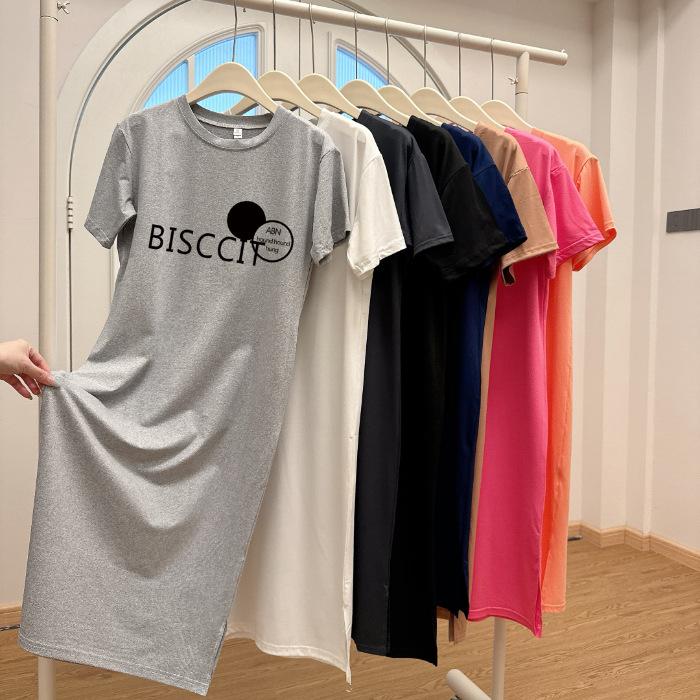 Knee-length T-shirt Dress, Loose, Casual and Laid-back Style Straight Skirt, Round-neck Double Slit Short-sleeved Dress for Women In Summer