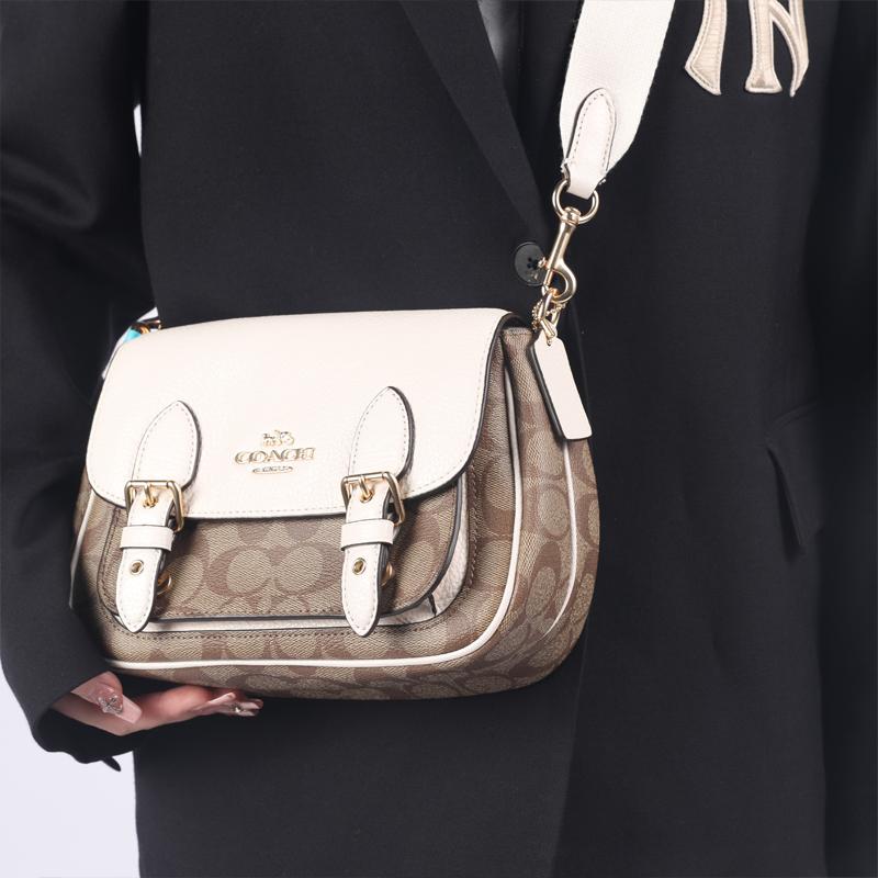 Coach Lucy 22 Double Buckle Flap Cycling Cambridge Canvas And Pebble Leather Messenger Bag Women bags White Khaki C6781-IMDJ8