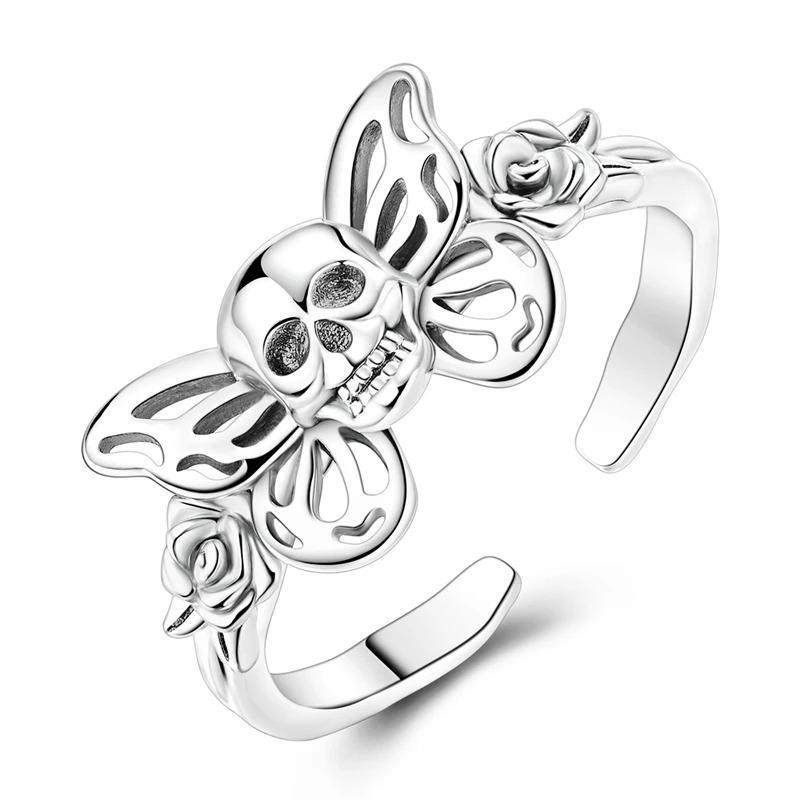 Retro-Style 925 Silver Open Ring – Hollow Skull & Butterfly, Punk Jewelry Accessory for Women