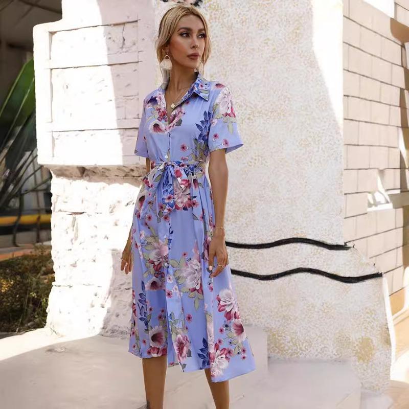Summer Short Sleeve Women Floral Printed Shirt Dress Single-breasted Loose Casual Office Holiday Lace-up A-line Party Dresses Elegant Fashion Clothng