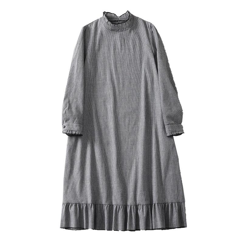 2025 spring new retro loose casual fashion pleated splicing high-end temperament thousand bird grid dress