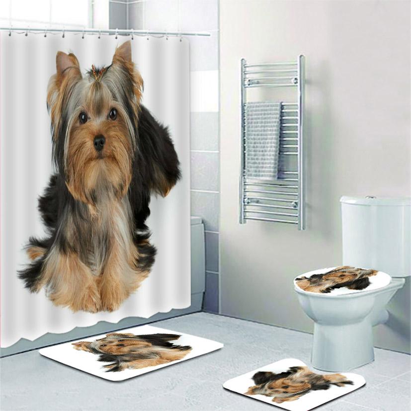 Funny Laughing Yorkshire Terrier Dog Bathroom Shower Curtain Set Sitting Yorkie Puppy Doggy Bath Mats Rugs Toilet Bathroom Set