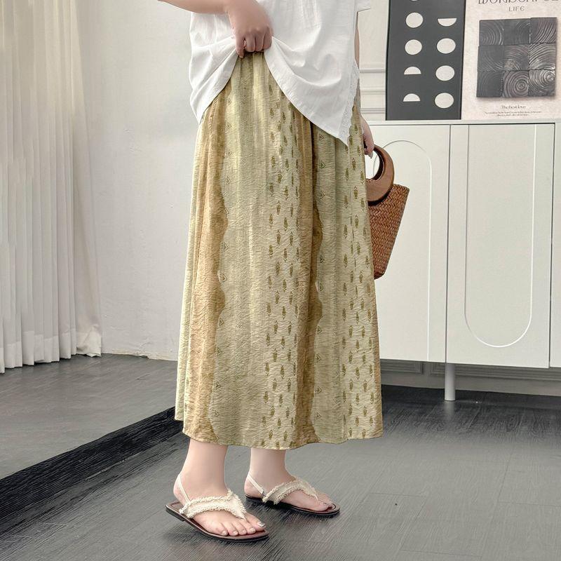 

Plus size women clothing [Bohemian Skirt] Texture Retro Contrast Color Print Summer Chubby Girl High Waist Skirt