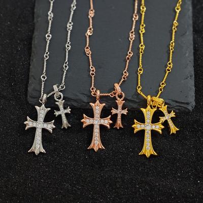 High Version Croxin Full Diamond Double Cross Necklace Men'S And Women'S Retro Cross Sweater Chain Couple'S