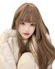Sizuuenn Full with Blunt Light Honey with for School Cultural and Photo Women's Wig, Long, Straight, Bangs, Brown, "Warm Tea" Flaxen, Heat-Resistant,