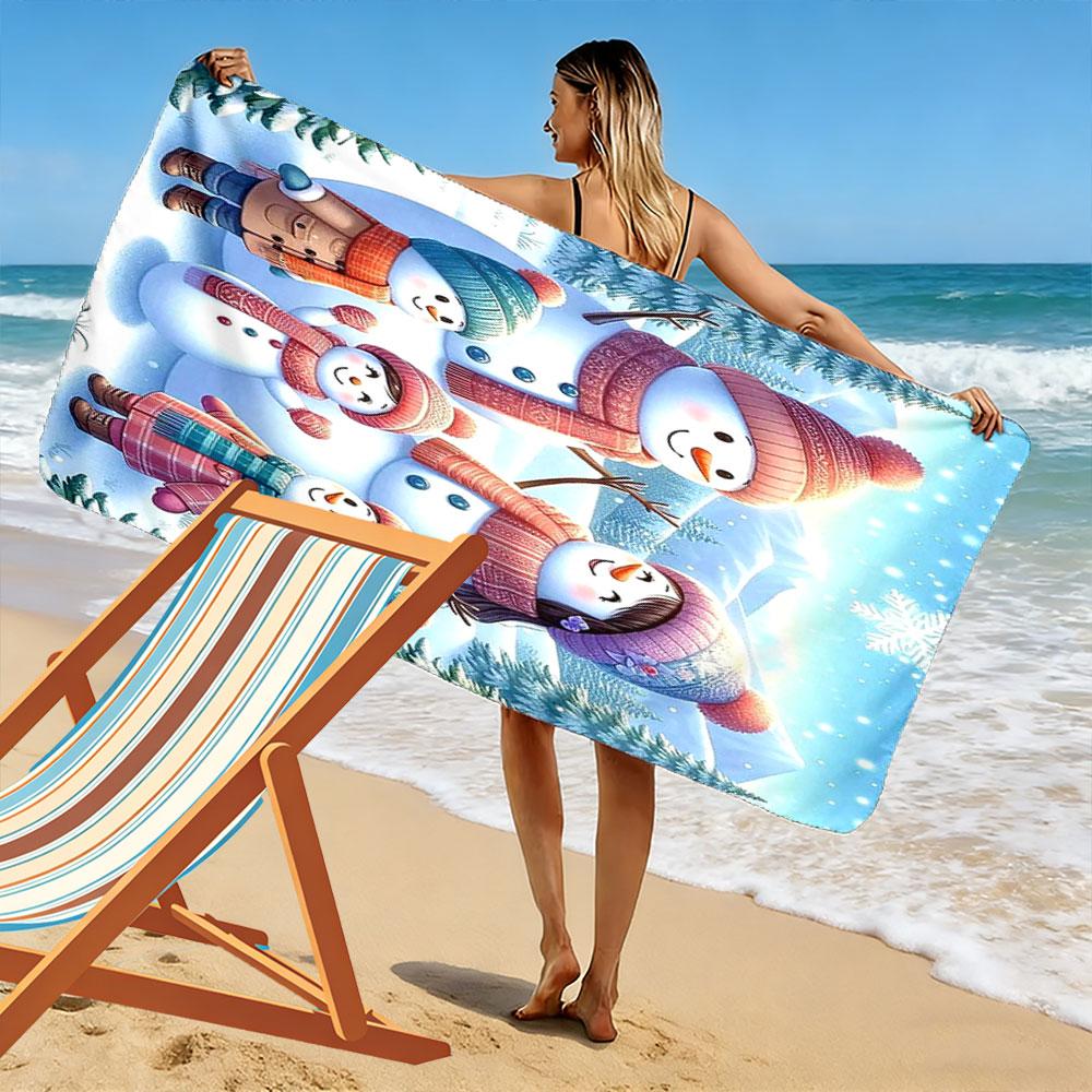 Snowman Family Winter Wonderland Scene Patterned beach towel quick dry perfect for travel outdoor sports jogging the beach and swimming