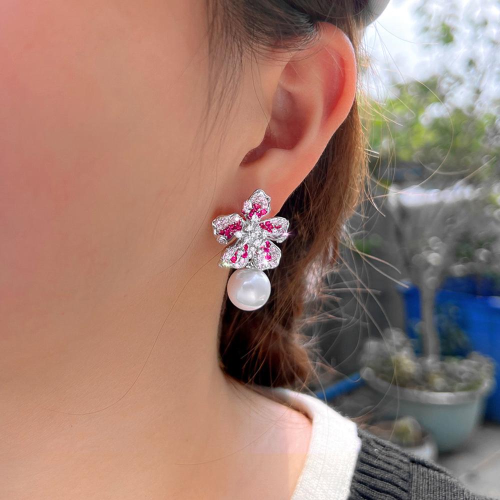 Zircons Exquisite Rose Red Cubic Zirconia Lovely Flower Dangle Drop Pearl Earrings for Women Chic Wedding Party Jewelry E1157
