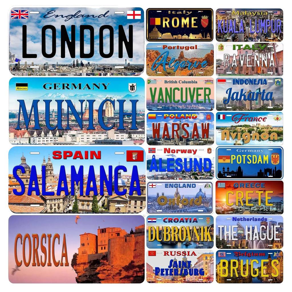 Mfoever Vintage Paris License Plate Munich Madrid Moscow City Front Vanity Tag Decoration for Garage Club Man Cave Bar Cafe
