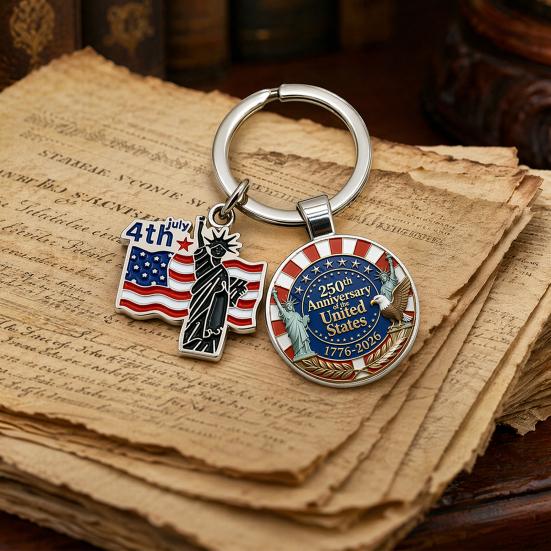Pendentif Porte-clés, Porte-clés Double Pendentif Combiné, Porte-clés pour le 250e Anniversaire de la Fondation des États-Unis avec Anneau Métallique Épaissi