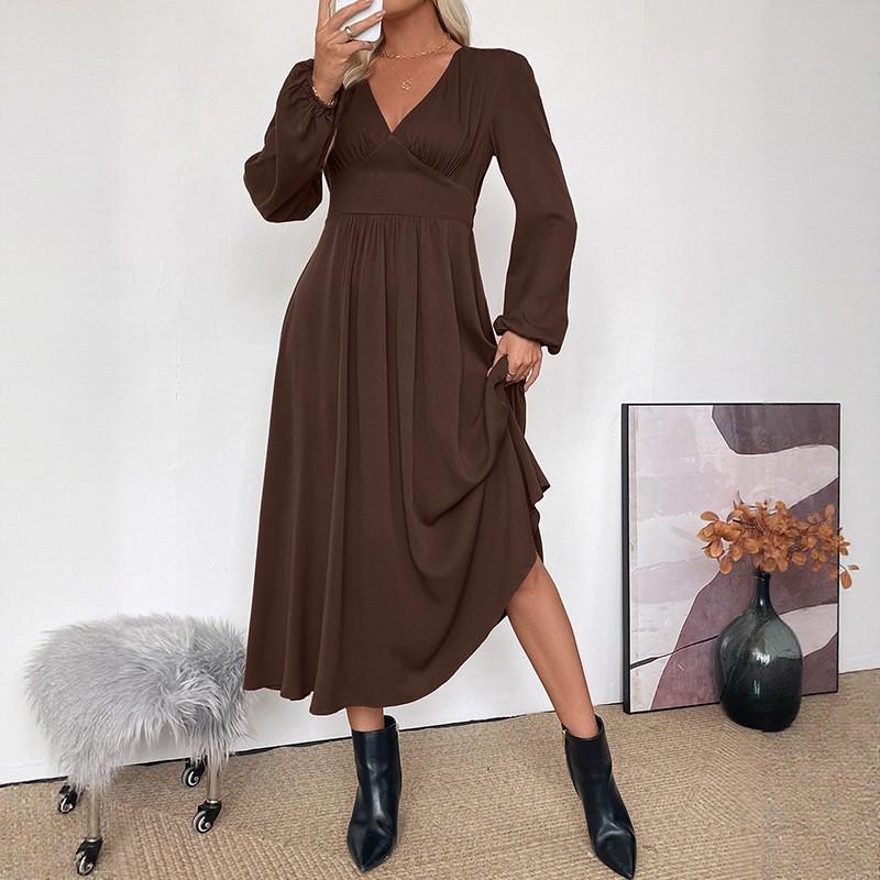 Brown V-Neck Long Sleeve A-Line Midi