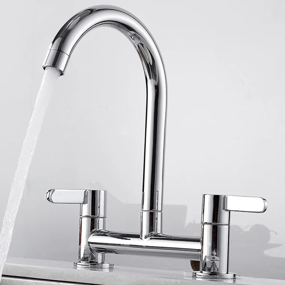 

Смеситель для кухни, современный двухрычажный смеситель для раковины с поворотным изливом на 360°, смеситель для ванной комнаты из латуни для раковины, монтируемый на бортик G1/2 серебряный