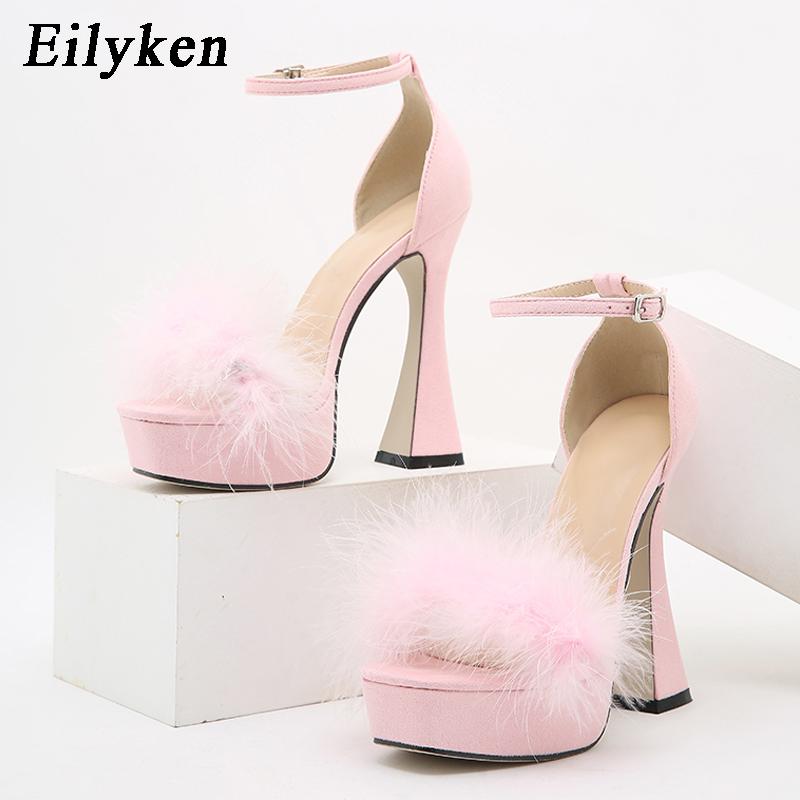 Eilyken Summer Platform Peep Toe Women Sandals Sexy Elegant Feather Buckle Strap High Heels Wedding Party Shoes