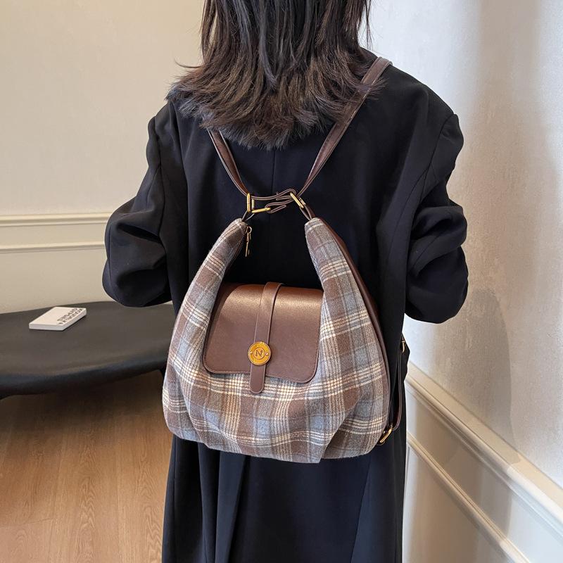 Autumn Woolen Plaid Large-capacity Bag Women's 2025 New Retro Tote Bag Versatile Casual Backpack
