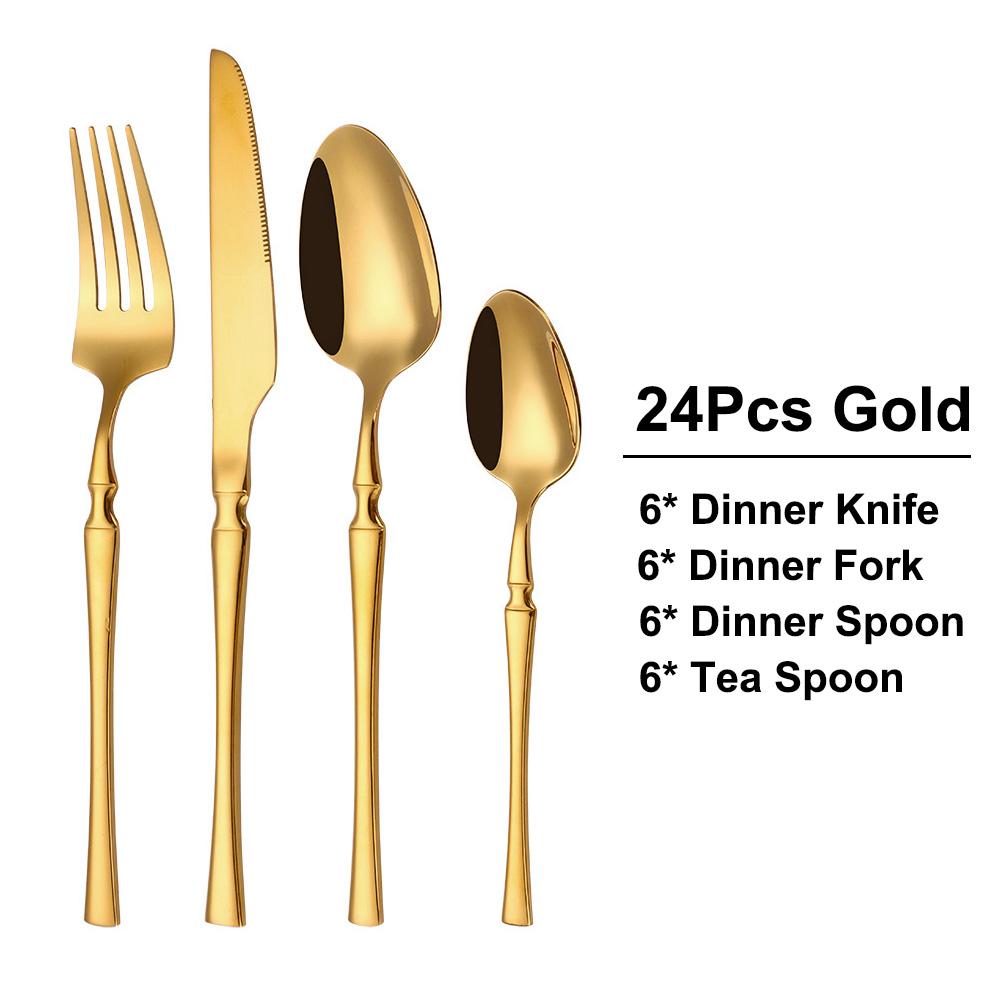 6/24/30Pcs Gold Thin Cutlery Stainless Steel Tableware Western Dinner Set Solid Color Knife Fork Spoon Mirror Kitchen Utensils