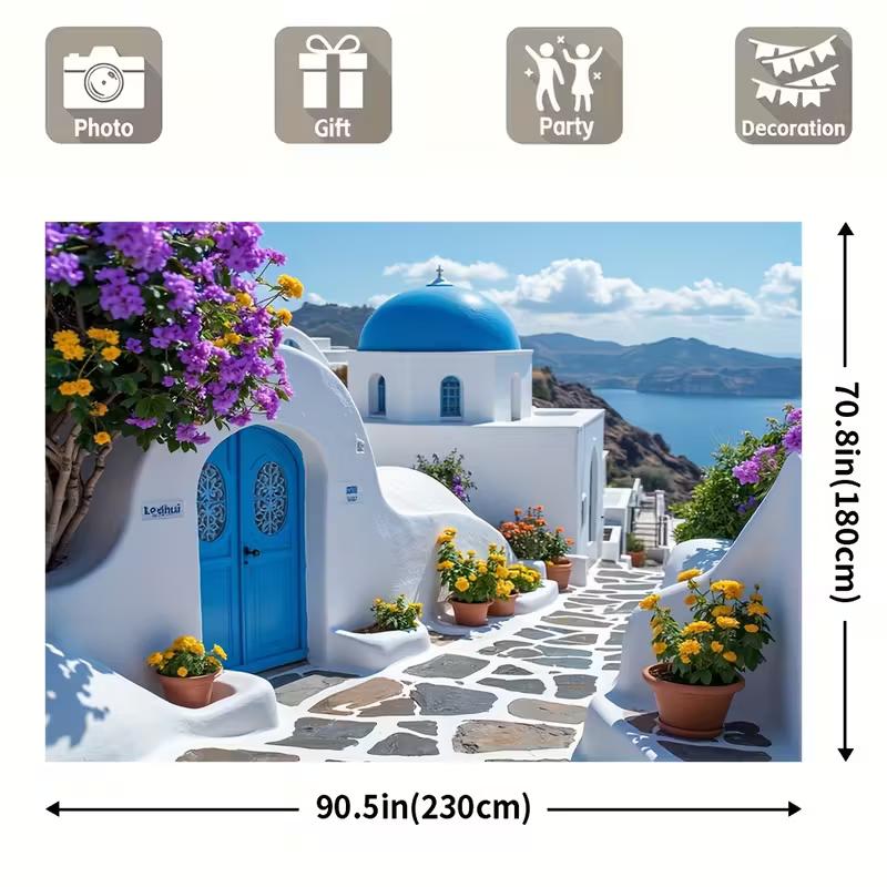 

Santorini Greece Tapestry Backdrop, Mediterranean Coastal Background for Photoshoot 47.2x31.5inch/120*80cm