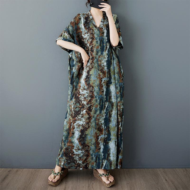 Summer New Artistic Retro Loose Casual V-neck Short Sleeved Dress