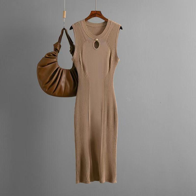 

European and American Sexy Knitted Hollow round Neck Sleeveless Dress Slim fit Temperament Base Skirt Sexy Knit Dress Khaki One size