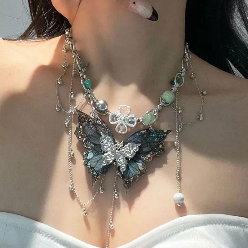 New Trendy and Cool Spice Girl Double-layer Butterfly Necklace Women's Cold Feeling Niche Collarbone Chain Exquisite Choker Neck Chain