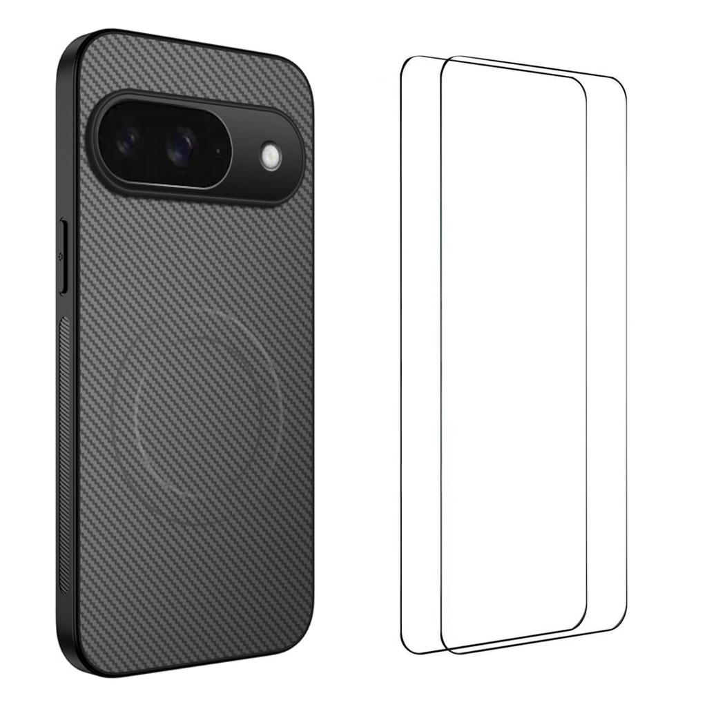 For Google Pixel 9 Magnetic Case WANLONFENG TQ1 Series Carbon Fiber Texture PC TPU Phone Cover with 2Pcs Screen Films