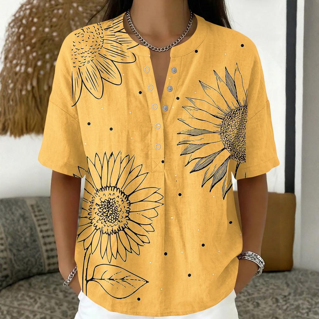 Women's Fashion V Neck Pullover Shirt Short Sleeve Casual Blouse Lightweight Loose Fit Top with Button Detail and Horizontal Stripe Pattern