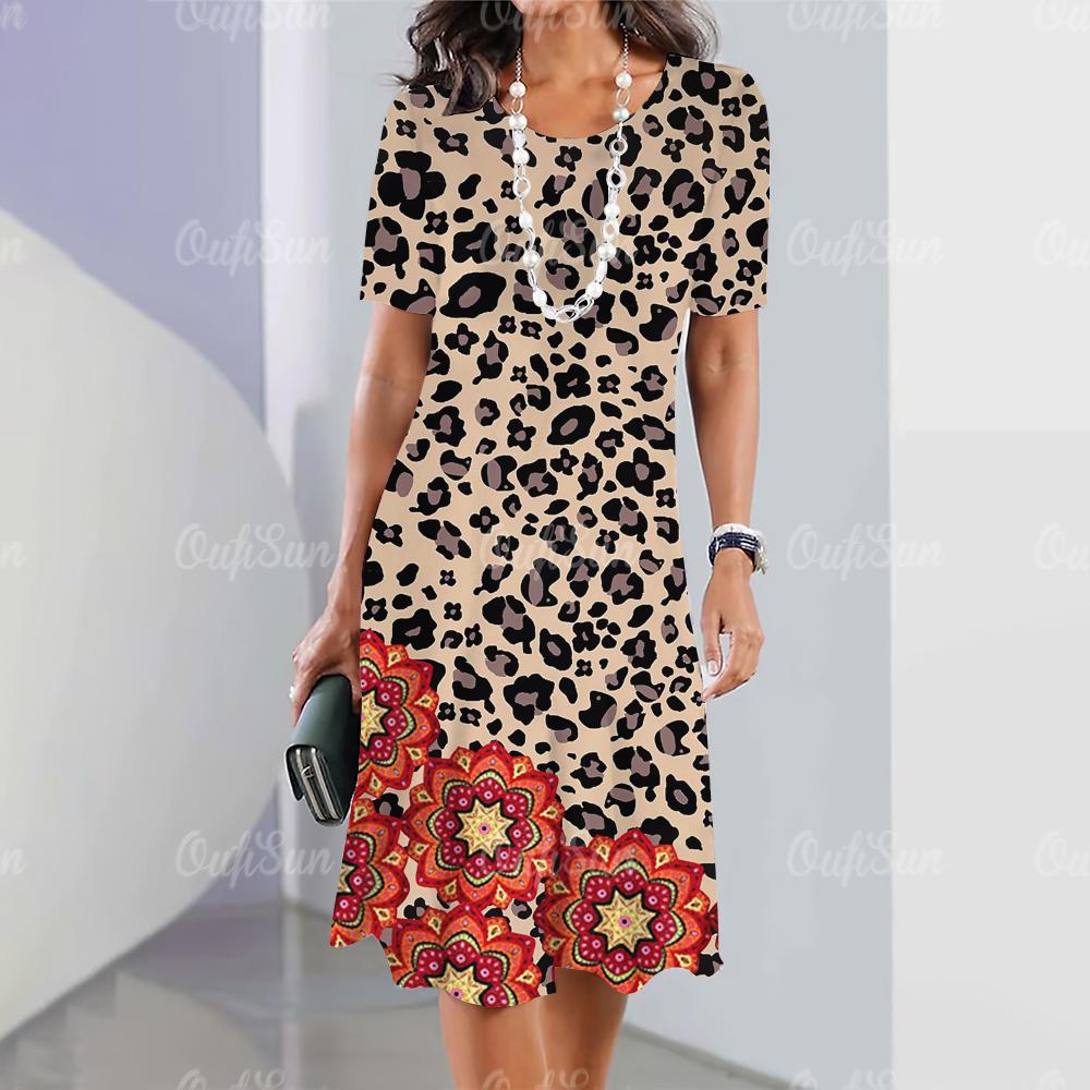 Nye damekjoler Leopard Blomstertrykk Elegante Vakre Kjoler Kvinnelig Sommer Casual Mote Klær