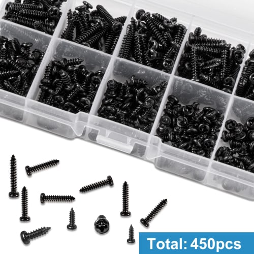 Zmbroll 450pcs Black Wood Screws, M3 Round Head, Self-Tapping Screws, Self-Drilling Metal Screw Kit, Mini Carbon Steel Electronic Screw Assortment