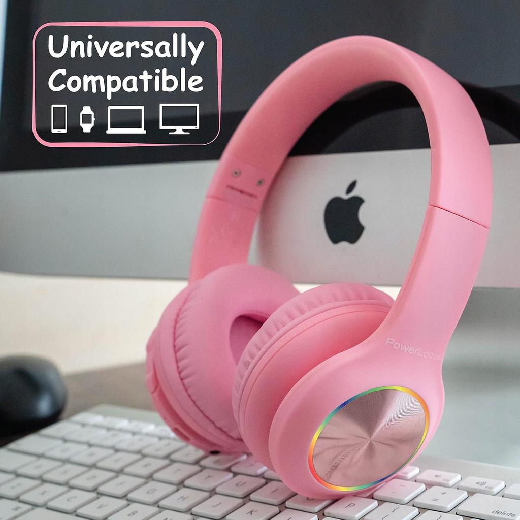 PowerLocus PLED Pink Wireless Bluetooth Headphones FOR KIDS with LED