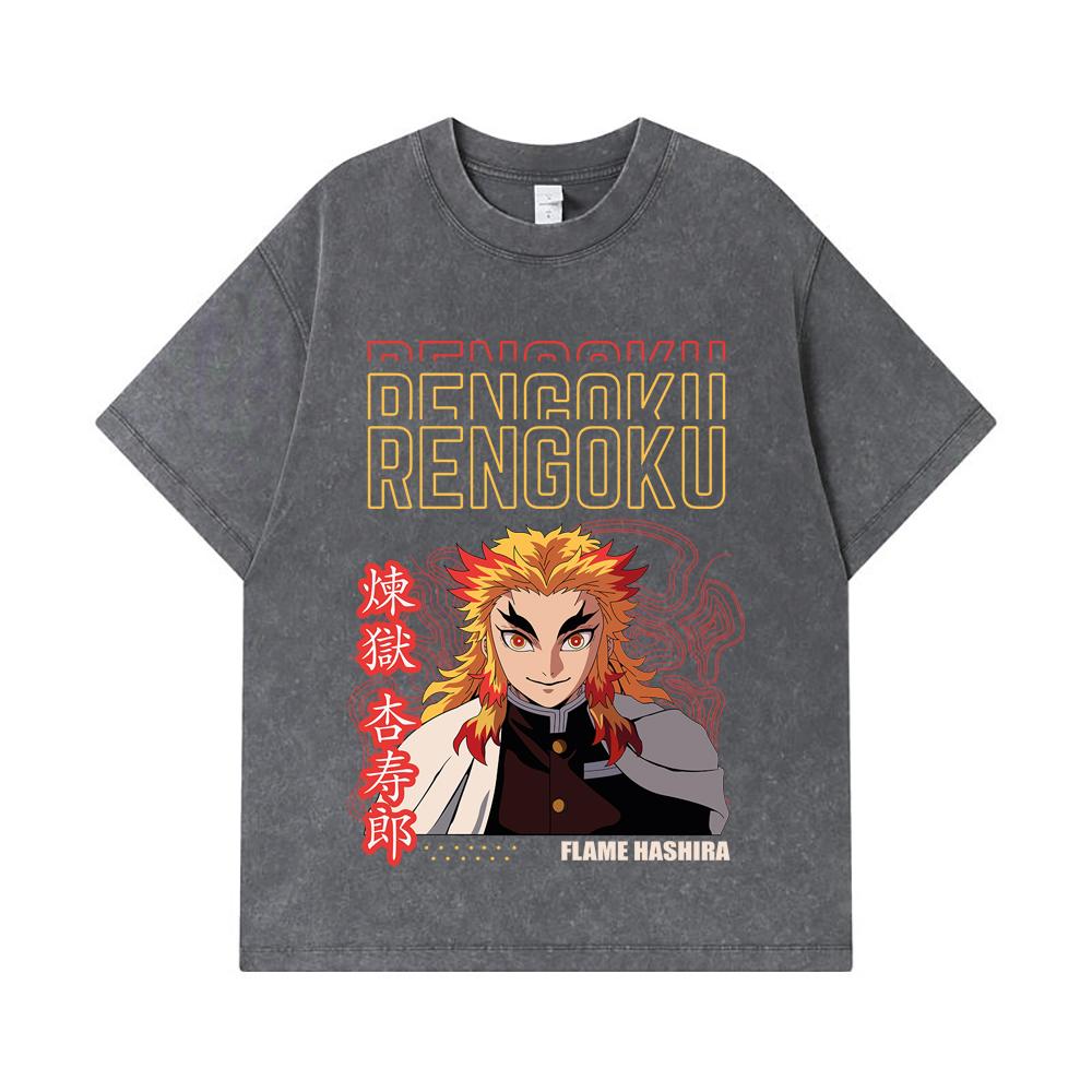 275 GSM Washed T-shirts 100% Cotton Demon Slayer V117 Rengoku Print Unisex Heavy Cotton T Shirt