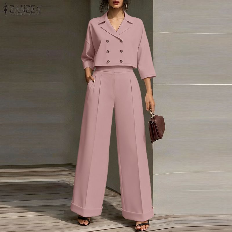 ZANZEA Womens 3/4 Sleeve Blouse and Pants Casual Two Piece Suit Sets