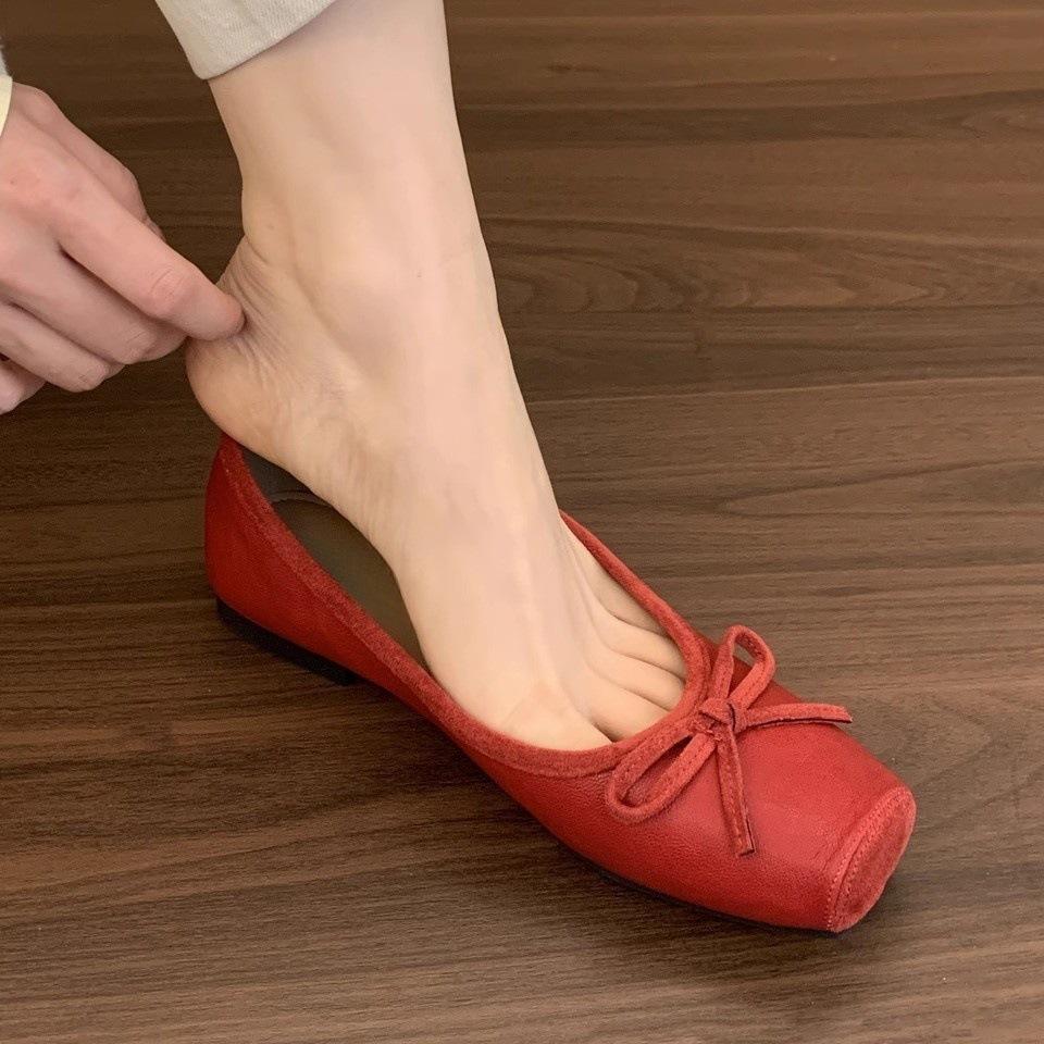 Square Head Shallow Mouth Early Spring Red Single Shoes Women's New Soft Flat-soled Doudou Shoes One Pedal Ballet Shoes Silver Shoes