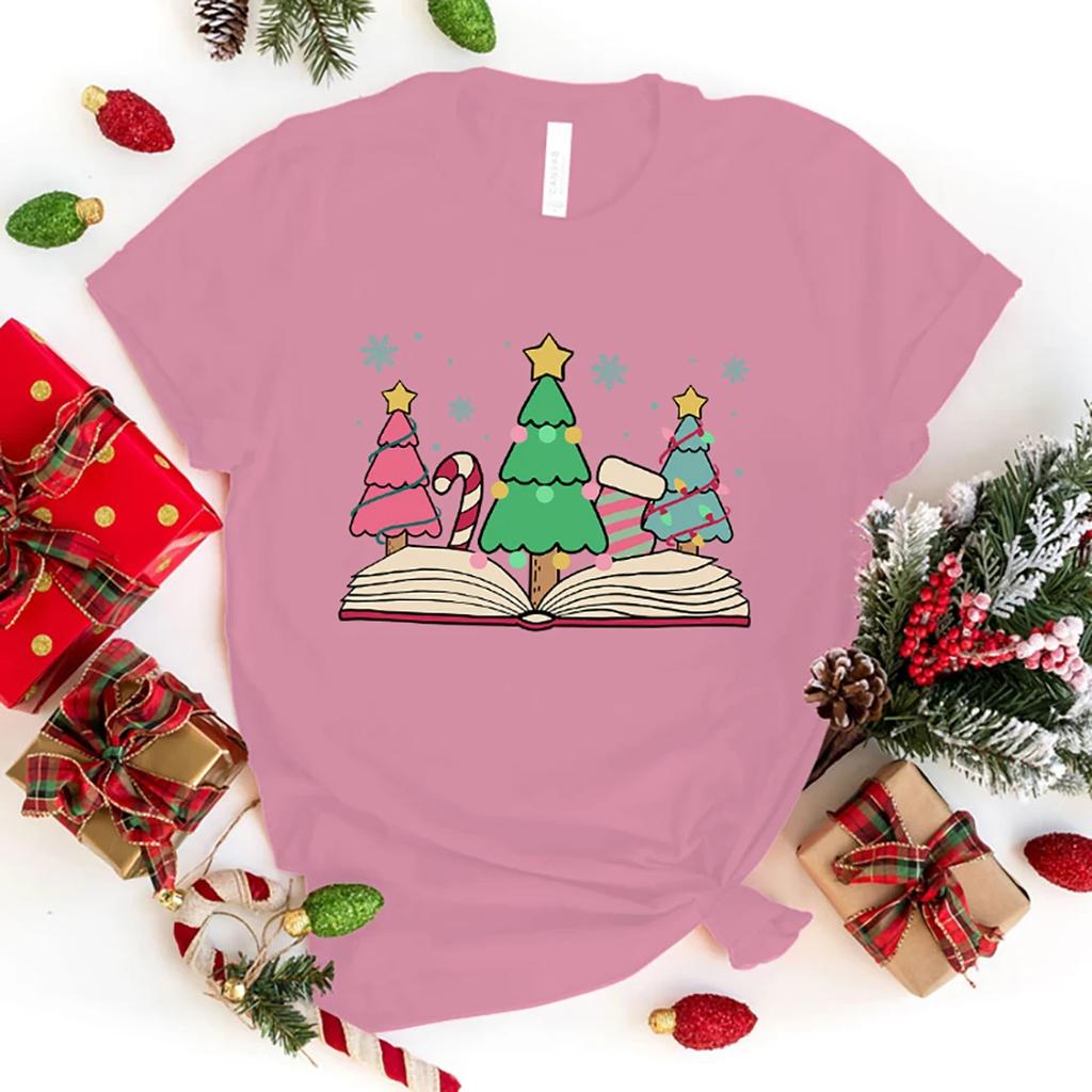 New Christmas Books Graphic Print T-Shirt Women Fashion Round Neck Loose Tee Shirt Streetwear Casualharajuku T-Shirt