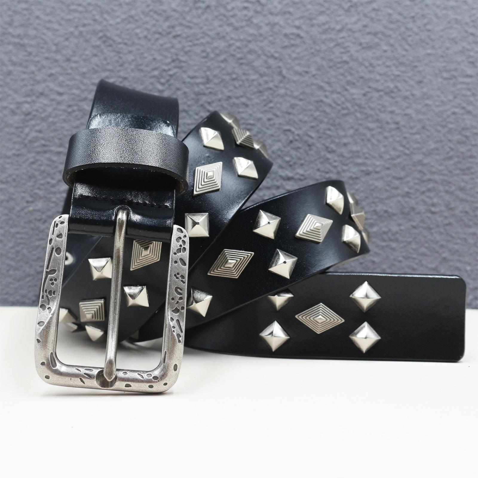 

Новый ремень из натуральной кожи квадратный с заклепками, с отдельными ромбовидными заклепками, из коровьей кожи, в стиле вестерн, американский ремень с заклепками 125cm