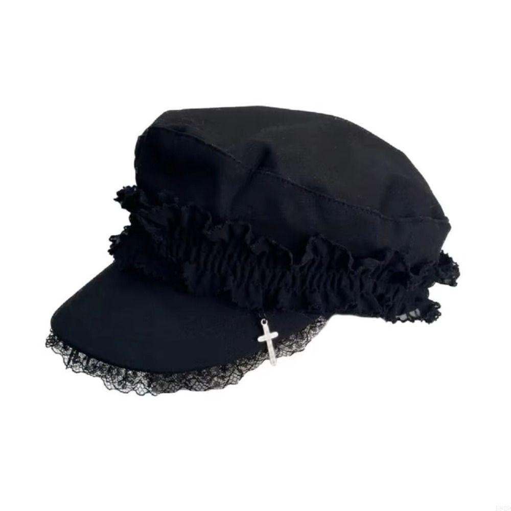 Cool Black Y2K Hat Girl Double Layer Lace Outdoor Sun Hat Versatile Lace Beret Caps  Women Ladies