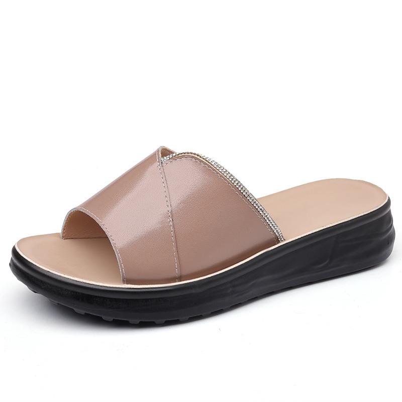 ~ Medium leather cool slippers low heel flat bottom mother slippers non-slip soft bottom summer wear fashion sandals