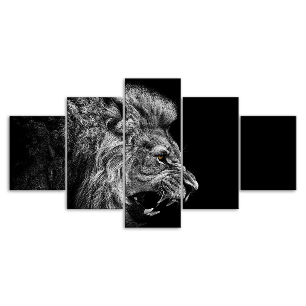 Roaring Lion Face Side View 5 Piece Five Panel Wall Canvas Print Modern Art Poster Home Decor Gift For Him For Her