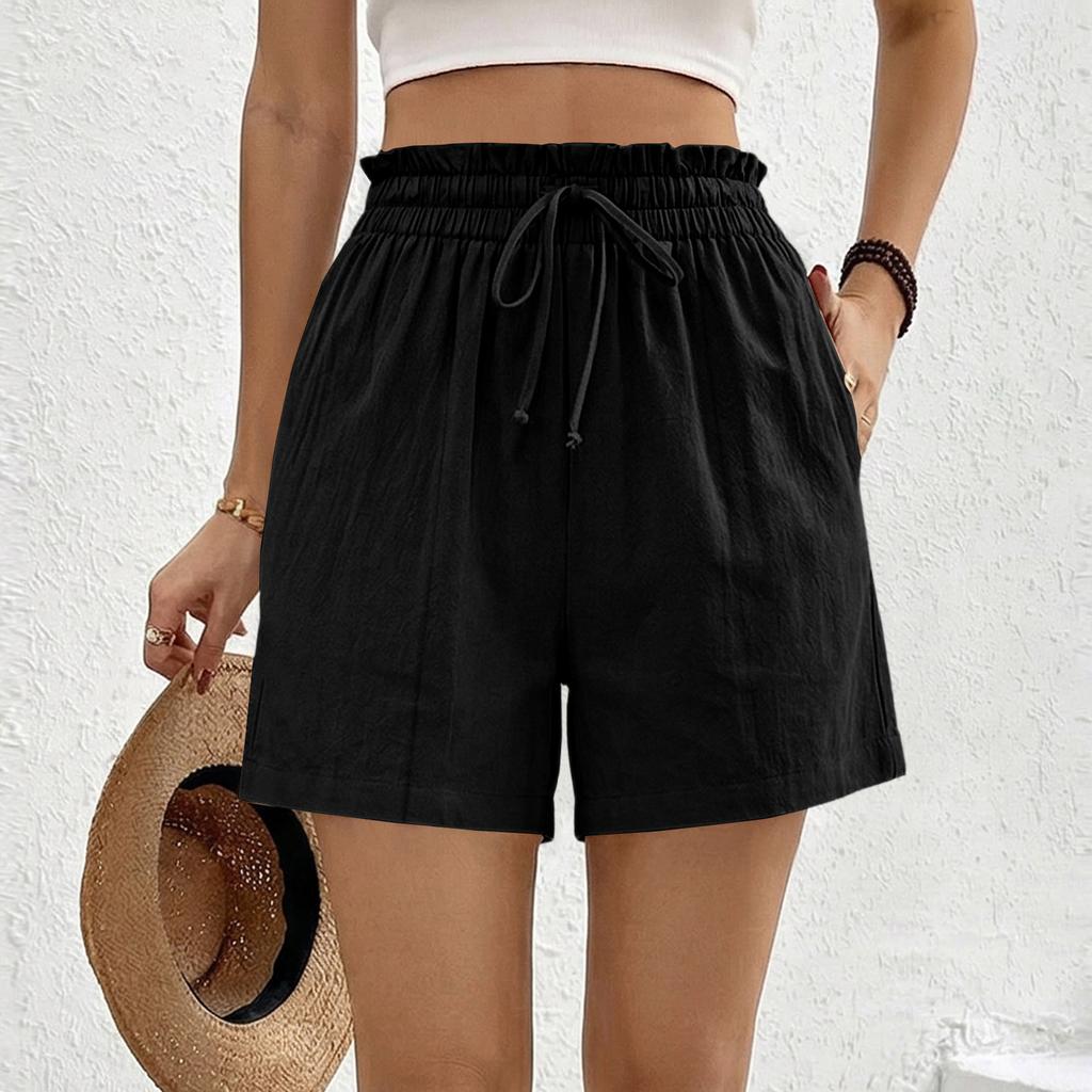 High Waist Drawstring Shorts for Women Loose Fit Elastic Waistband Summer Casual Lightweight Linen Shorts with Pockets