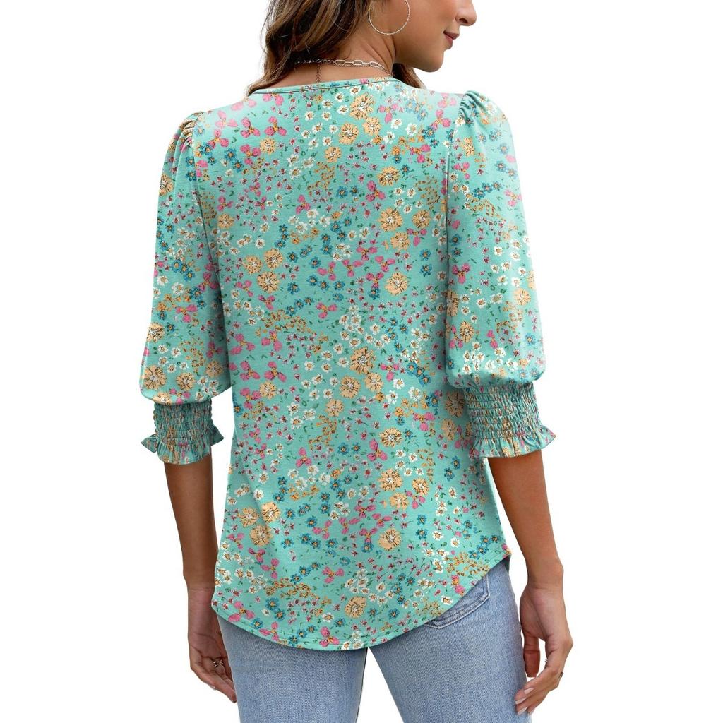 Women's Clothing, Spring, Loose, Casual, Printed, Seven Quarter Sleeves, Round Neck, T-shirt, Top