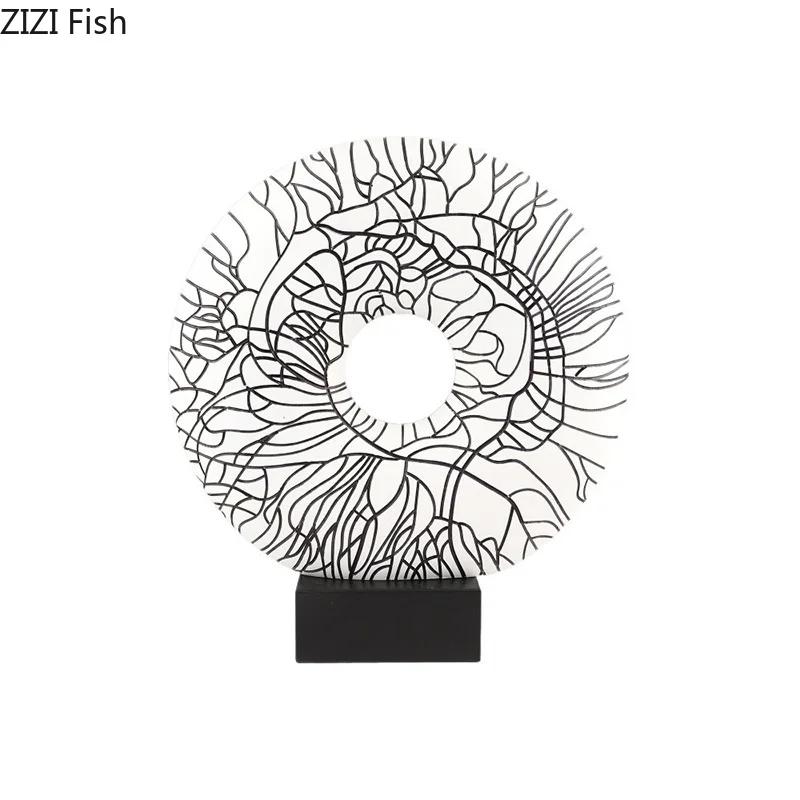 Abstract Black Lines Circular Ring Ornaments Desk Decoration Modern Crafts Creative Resin Ring Statue Room Aesthetic Decor