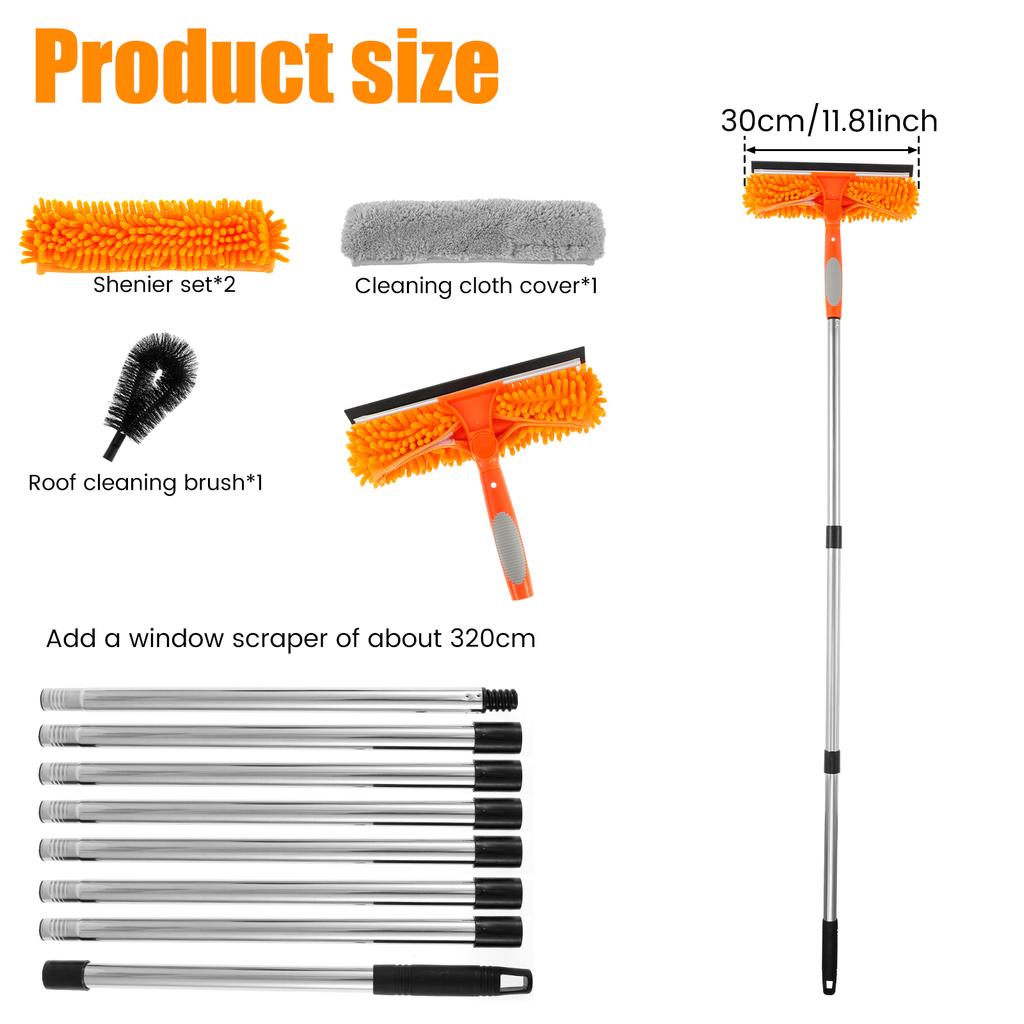 320cm Extended Window Cleaning Tool Rotatable 2 In 1 Squeegee Cleaner Mop Splicing Rod Glass Household Car Windshield Cleaning