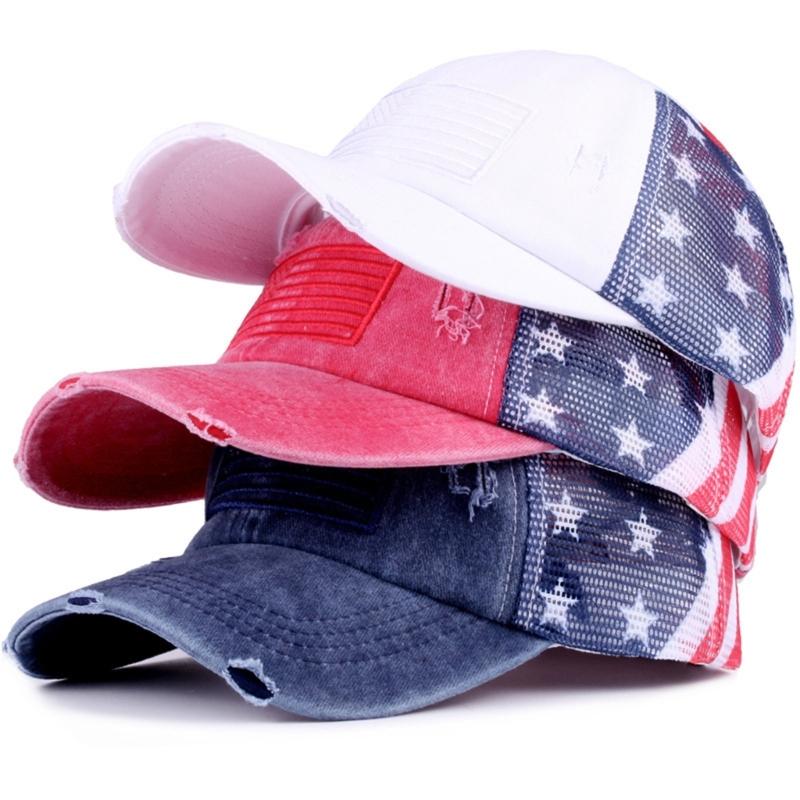 Distressed Wash Cotton Baseball Hat with Star Print Curved Brims Mesh Ponytail Sun Hat for Patriotic Women Teens Girl
