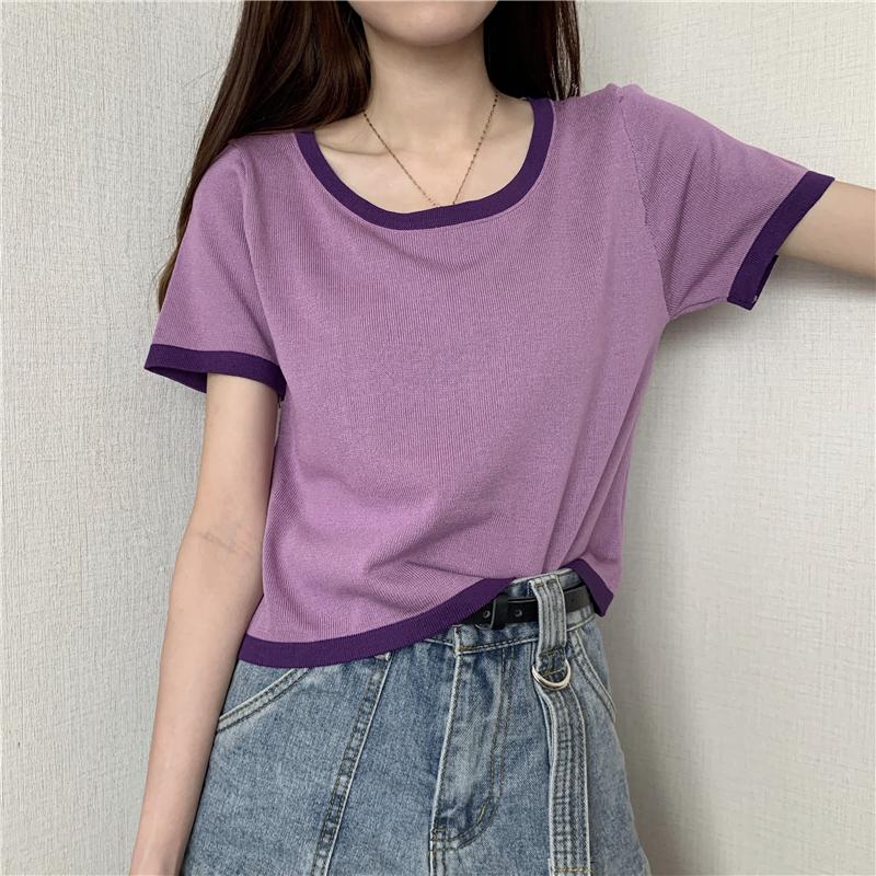 Summer Thin Retro Korean Short Sleeve T-Shirt Contrast Short T-shirt Top Women's Ins Fashion