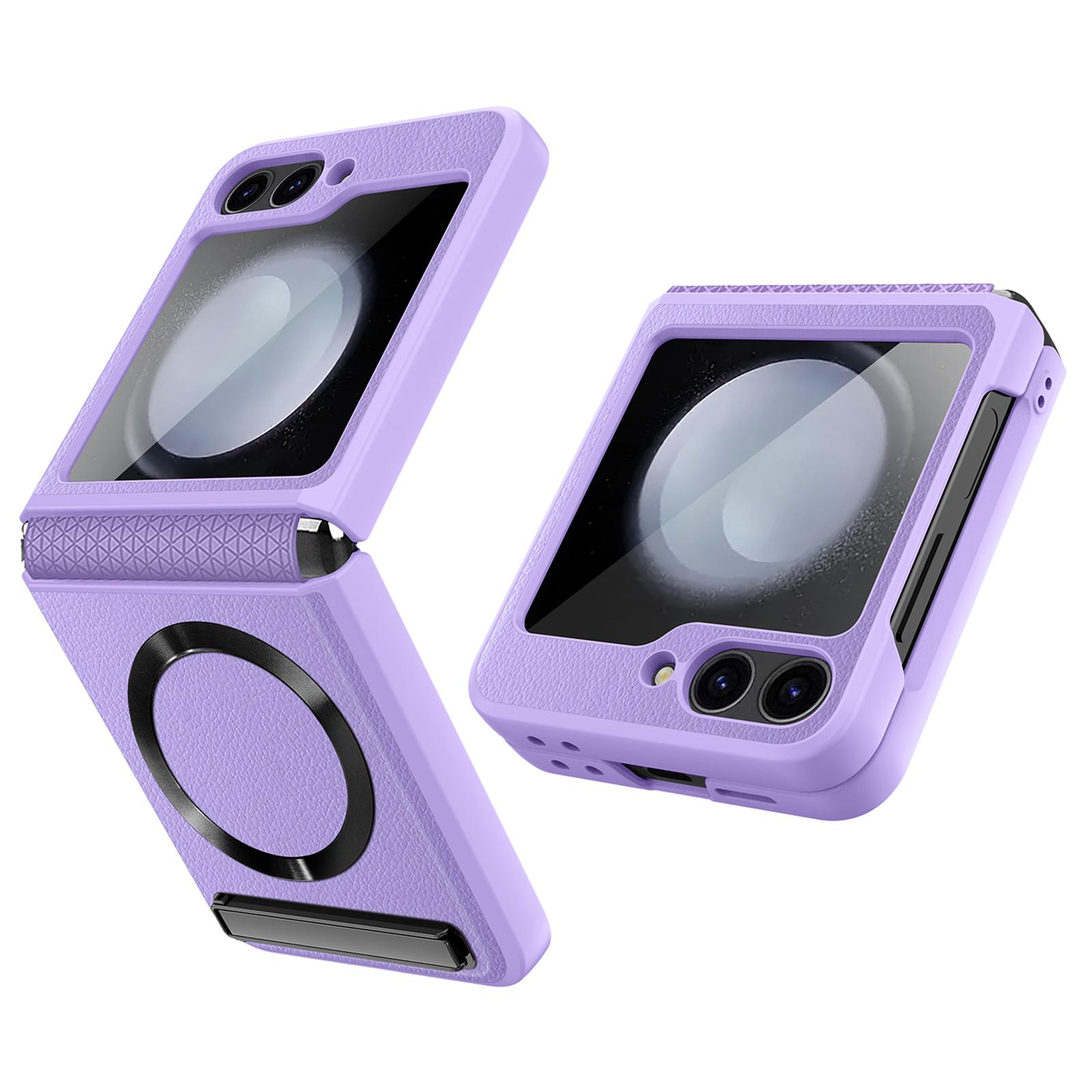 

For Samsung Galaxy Z Flip6 5G Case Compatible with MagSafe Kickstand PC+PU Phone Cover with Screen/Lens Film Purple