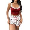 Women's 2 Piece Ribbed Pajama Set Sleeveless Lace Crop Cami Top And Tie Waist Shorts Set Summer Lounge Sleepwear Set