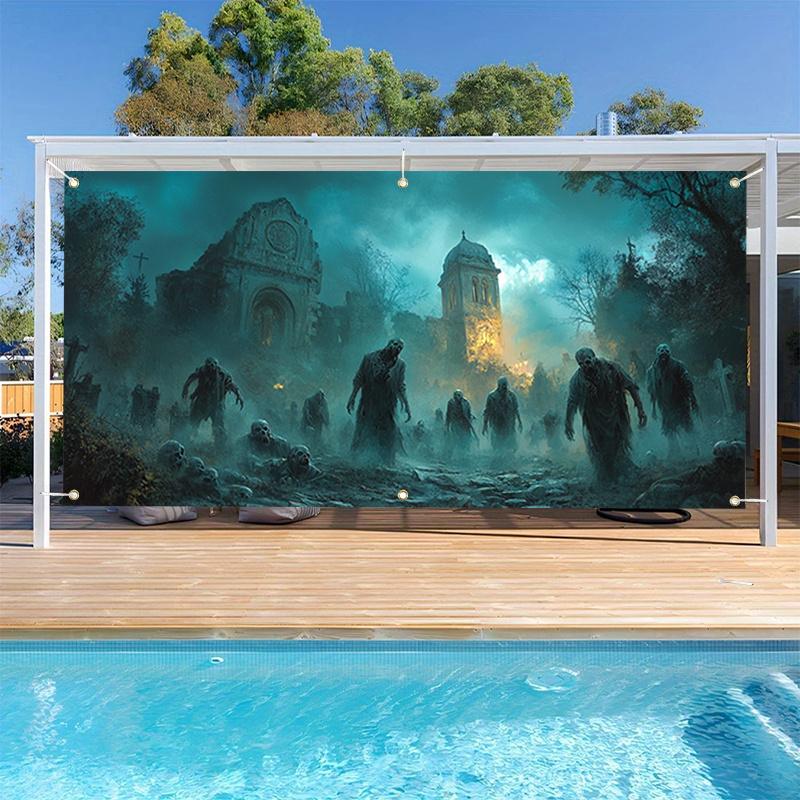 1pc Zombie Cemetery Garage Door Ribbon - Vibrant 2D polyester fiber party backdrop, durable and easy to hang